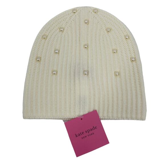 Kate Spade Knit Hat French Cream One Size Faux Pearl Embellished Beanie Cap - Picture 1 of 6
